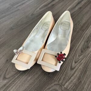 Roger Vivier Nude Patent Leather Jeweled Butterfly Ladybug Ballet Flats 36 Shoes